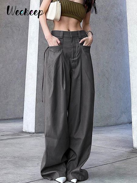 

women's two piece pants weekeep grey cargo korean fashion lace up pocket low rise casual women streetwear sweatpants y2k aesthetic trou, White