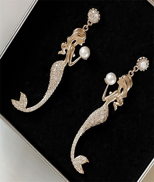 

cute cartoon mermaid crystal fishtail pearl eardrop earrings for women ear studs with long pendant 2112315177118, Golden