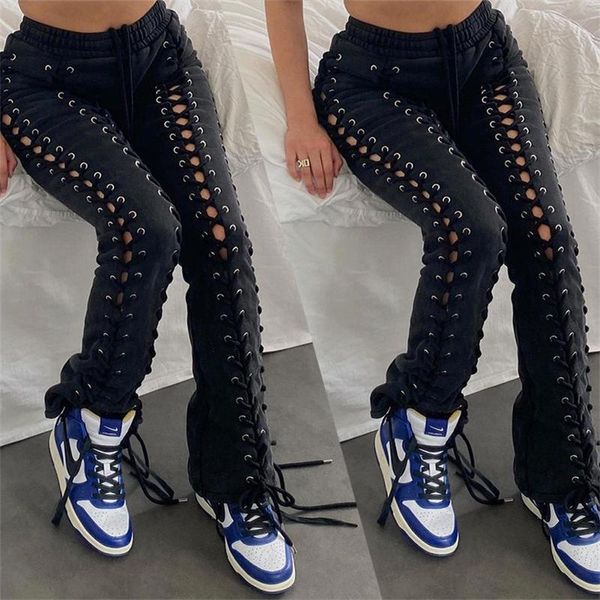 

capris high street laceup women's wholesale net red fashion eyelet drawstring hollow pants, Black;white