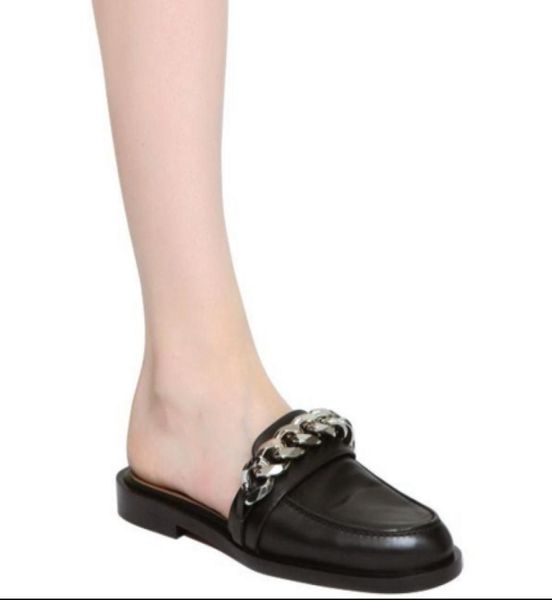 

u718 34 black genuine leather chain slide shoes flat sandals mules shoes gi1614237
