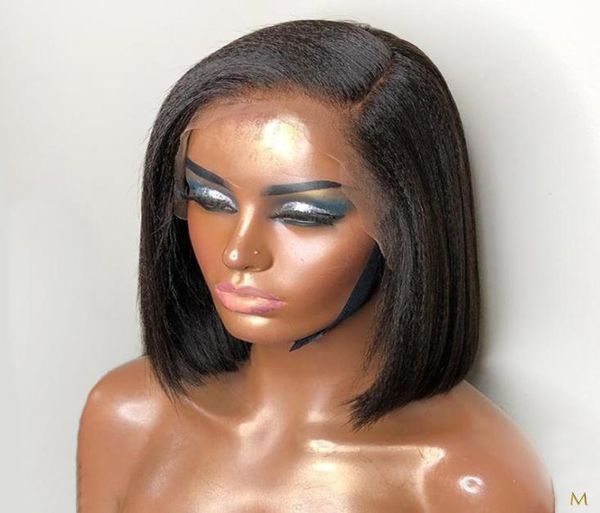 

13x4 lace front human hair wigs for women 130 kinky straight short bob remy brazilian plucked baby hair middle ratio bleached2724746, Black;brown