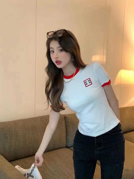 

high edition 23 spring/summer new red collar letter flocking t-shirt contrast short women's short sleeve, White