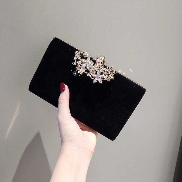 

evening bags womens clutch party black purse exquisite diamond flower lock wedding velour handbag shoulder 230427