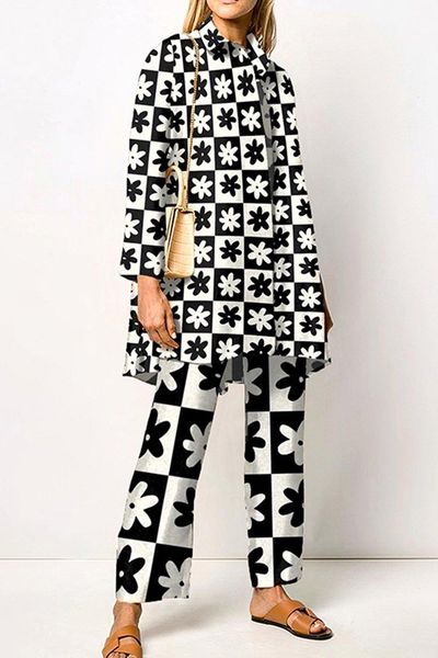 

pants fashion women's set printed loose long sleeves shirts straight pants sets two piece suits elegant new streetwear female outfit, White