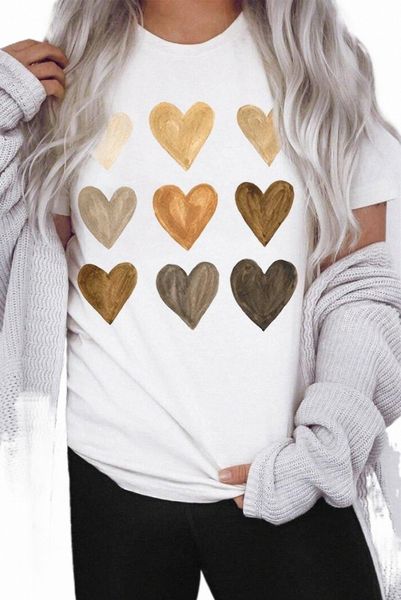 

white heart print o-neck t-shirt 2023 new r0et#