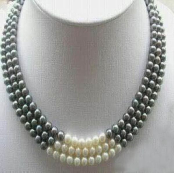 

3rows 78mm black white natural pearl necklace 1719quot0123886545, Silver