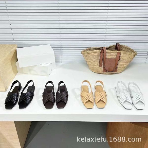 

small market 2022 summer new genuine leather french square headed woven hollow out versatile flat bottom open toe roman sandals, Black