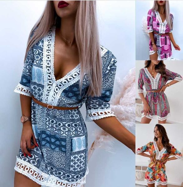 

women's v-neck lace belt printed dress, White