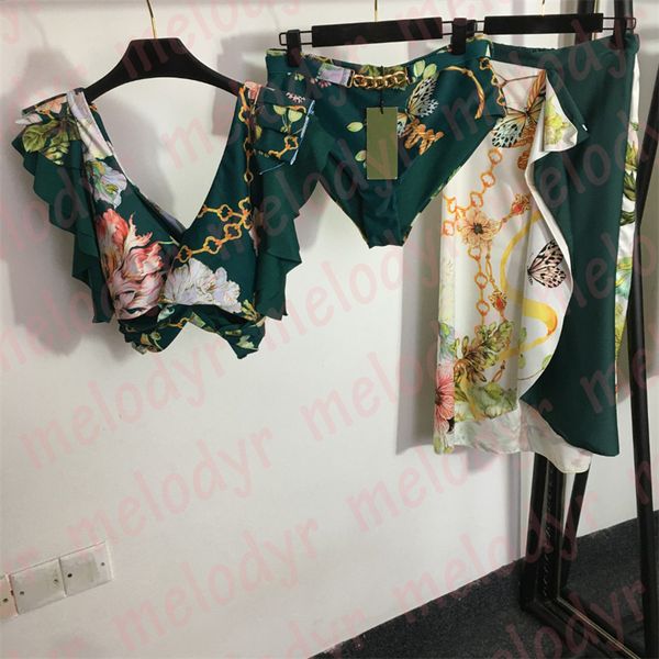 

summer three piece set swimwear fashion print chain bikini high waist beach dress for women, Black