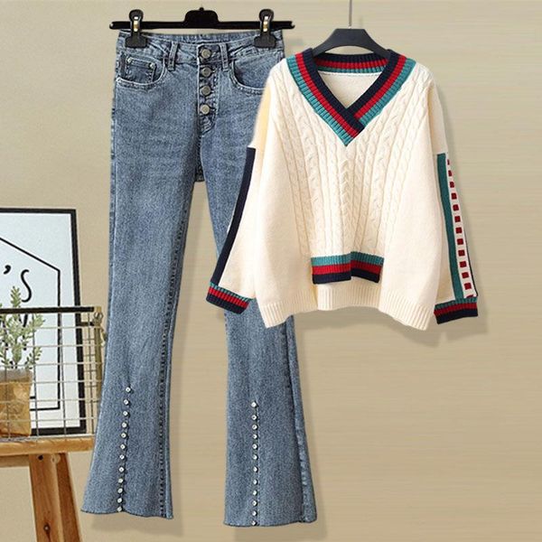 

jeans women's pants autumn korean striped sweater sweater jeans fashion high waist light color casual suit women's jeans, Blue