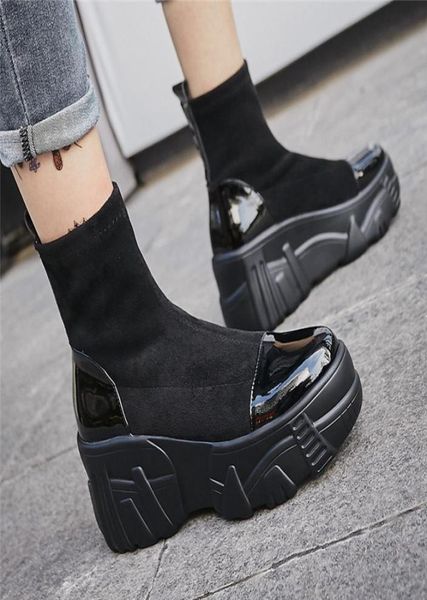 

fedonas shoes woman high heeled platforms casual socks boots women autumn winter warm genuine leather ankle boots short b7272408, Black