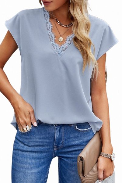 

sky blue v neck lace trim t-shirt 2023 new u0yz#, White