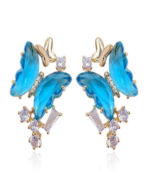

pretty 3d glass crystal transparent butterfly diamond zirconia earrings fashion designer stud earrings for woman girls s925 silver5667959, Golden;silver