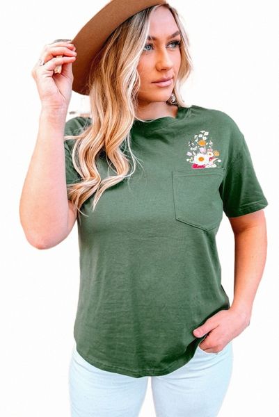 

green floral pocket casual short sleeve tee 2023 new j9h6#, White