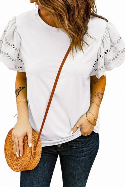 

white hollow out ruffle sleeve t-shirt 2023 new z65y#