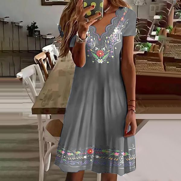 

basic casual dresses summer wave v-neck loose waist pleated large hem women knee-length dresses american retro flower embroidery pure cotton, Black;gray