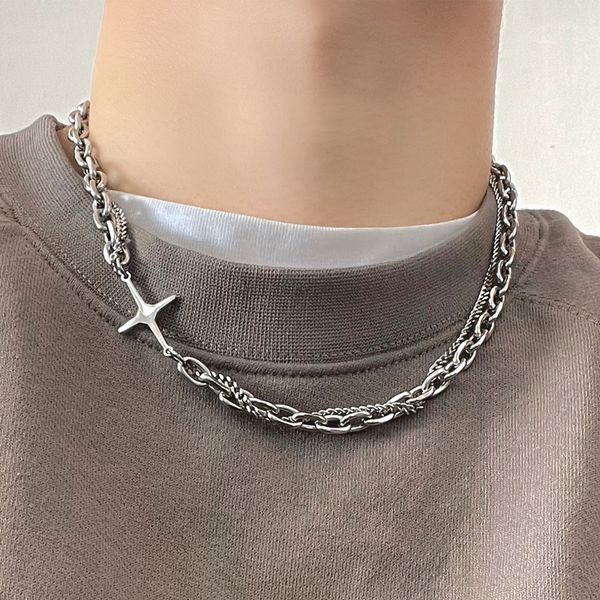 

chokers hip hop stainless steel cross necklace for women men punk double layer splicing chain necklaces charm trend neck jewelry choker 2305, Golden;silver