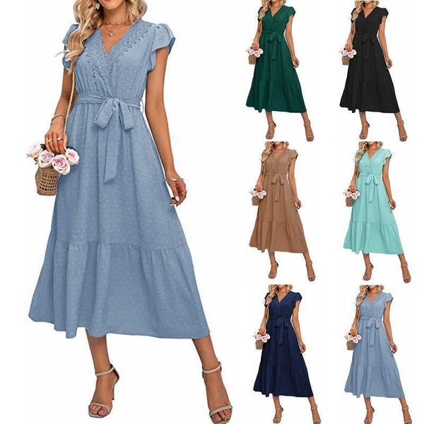 

summer women's lace v-neck dotted lace flying sleeve dress, White