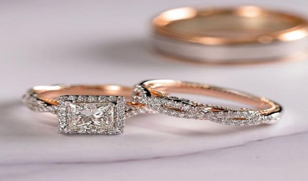 

solitaire ring 18k rose gold princess real diamond for women anillos mujer bizuteria gemstone femme loves jewelry set s 2211148122346, Golden;silver
