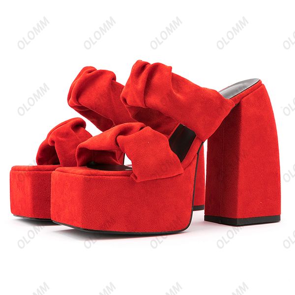 

olomm new handmade women platform mules sandals block heels open toe gorgeous red fuchsia yellow party shoes us plus size 34-43, Black