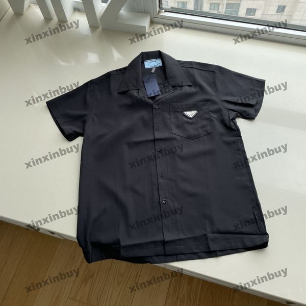 

xinxinbuy men designer tee t shirt 23ss metal triangle label nylon milan short sleeve cotton women black white m-2xl, Black;brown