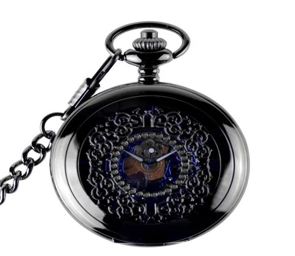 

pocket watches antique skeleton blue roman numerals dial black case mechanical hand wind long fob chain clock men watchpocket5099558, Slivery;golden