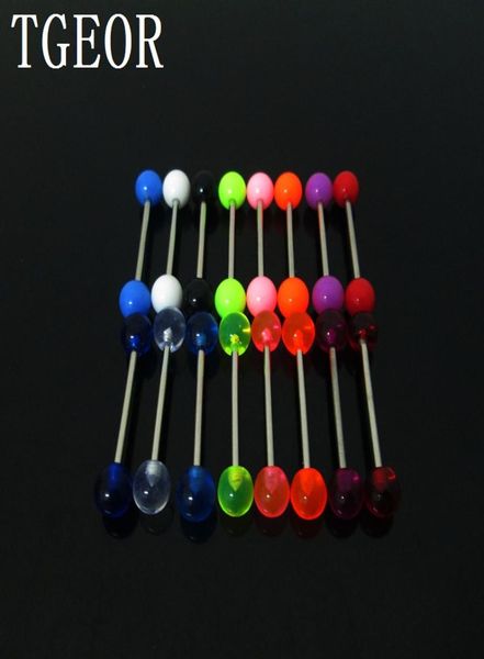 

whole 100pcs 15g tongue ring mixed colors plain ball uv acrylic piercing tongue barbell 4119492, Silver