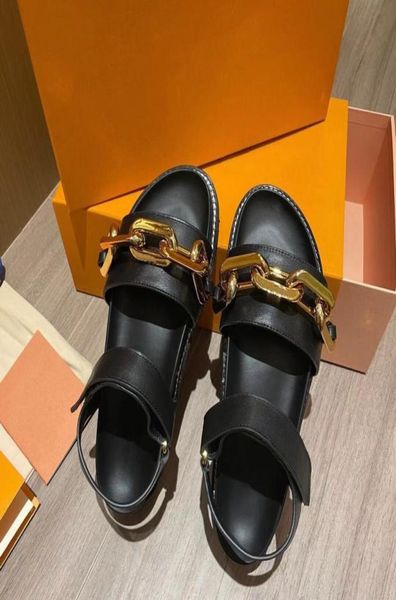 

women soft calf leather flat comfort sandals wide front strap with a gold chain ladies fashion rubber outsole slippers available i9587832, Black