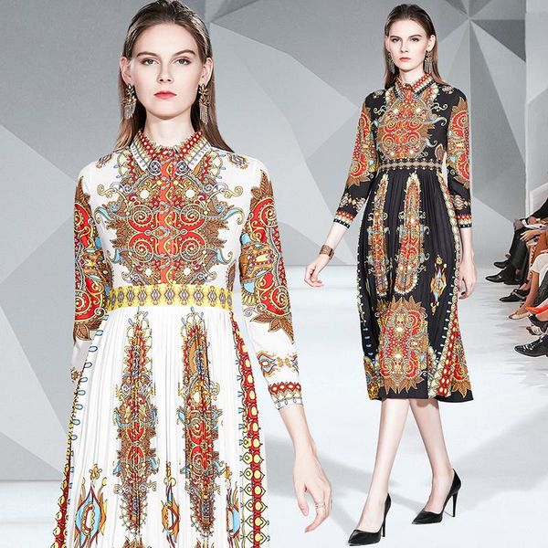

dresses spring long sleeve shirt dresses high waist pleated runway dress vintage print long party dress vestidos robe femme 2020, Black;gray