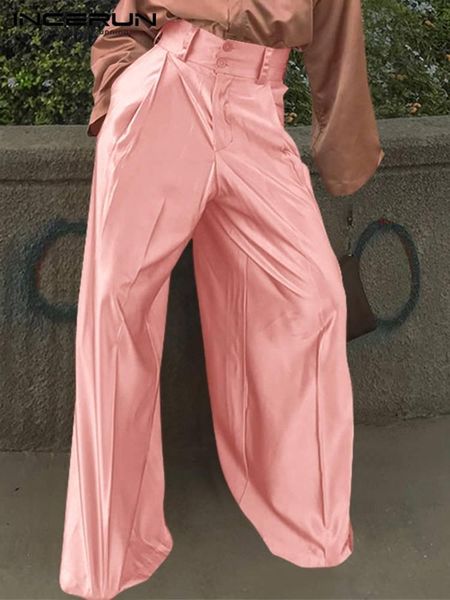 

pants incerun men casual pants solid color button high waist 2022 leisure wide leg trousers men pockets streetwear fashion pantalon, Black