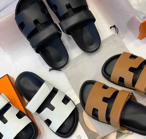 

2023 chypre h slippers lady leather sandals men women flip flops summer beach flat slipper size, Black