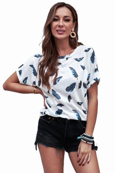 

white feather print short sleeve tee 2023 new d9x2#