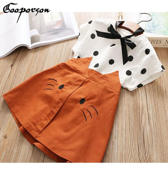 

girls fashion clothes set new lovely dot shirt with cat skirt summer outfit sets cotton clothing set for kids and children sets y13373542, White
