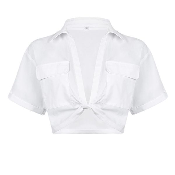 

women's t shirts flap pocket short open stitch navel exposed fashion twisted shirt solid color polo collar sleeve blouse clothes 26699, White