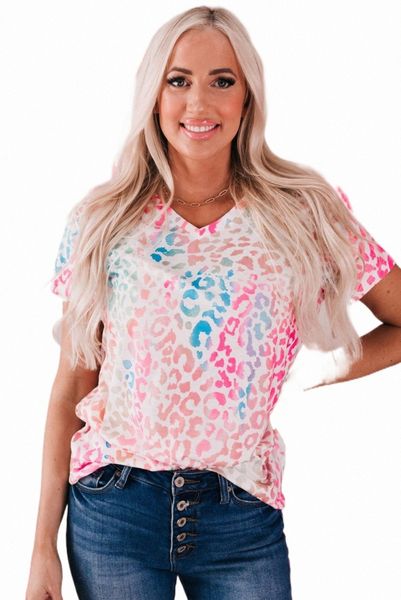 

colorful leopard v neck short sleeve 2023 new n39o#, White