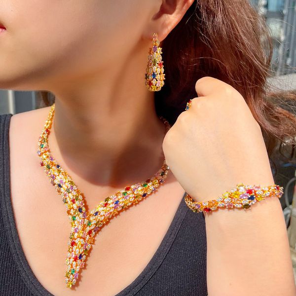 

wedding jewelry sets cwwzircons 4pcs multicolor cubic zirconia nigerian dubai gold plated bridal for costume accessories t652 230519, Slivery;golden