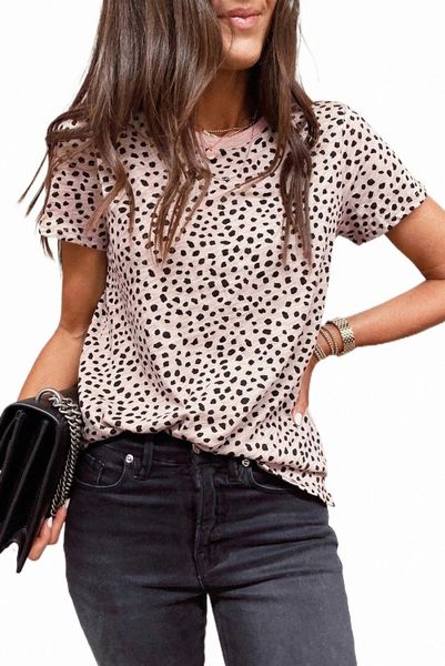 

apricot cheetah print o-neck short sleeve t shirt s3lm#, White