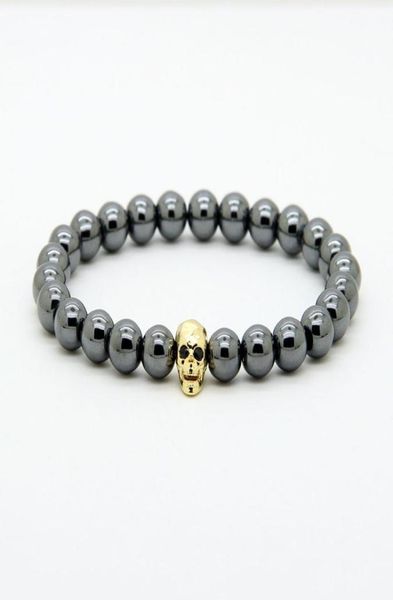 

1pcs powerful fashion jewelry 8mm black hematite beads with micro pave cz faceted skeleton skull bracelets9865603, Golden;silver