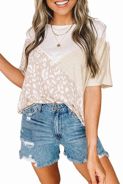 

leopard colorblock patchwork short sleeve d7r7#, White