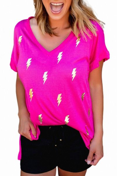 

rose shiny lightning print v neck loose t shirt c6uh#, White