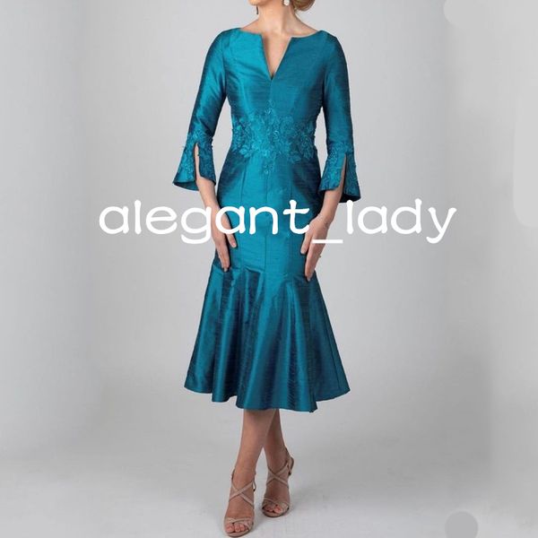 

teal blue tea-length mother of the bride dress long sleeves lace 2023 wedding party gown short mother occasion gown, Black;red