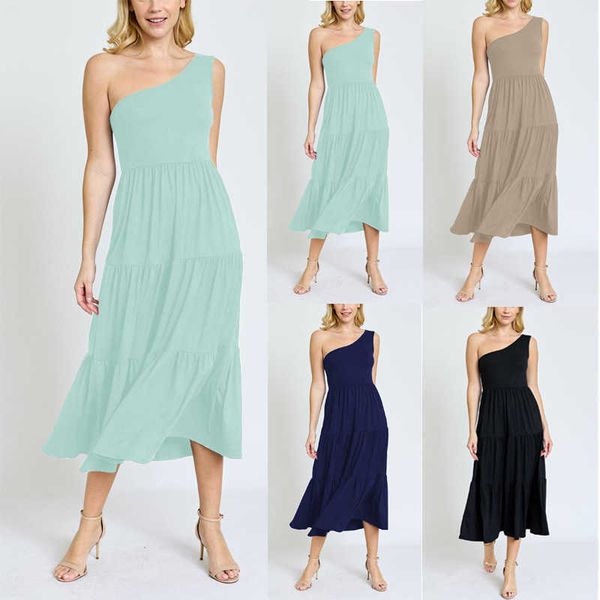 

summer new dress one shoulder pleated casual cake dress, White