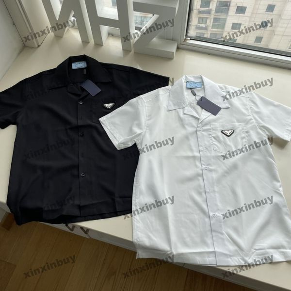 

xinxinbuy men designer tee t shirt 23ss metal triangle label nylon short sleeve cotton women black white blue green s-2xl, Black;brown