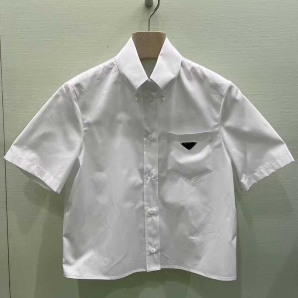 

2023 summer new simple triangle pocket short white shirt women's casual versatile top