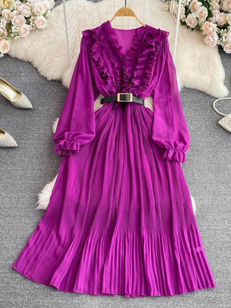 

dresses autumn vintage women pleated long dress red/purple/yellow vneck ruffle puff sleeve draped aline vestidos female new fashion, Black;gray
