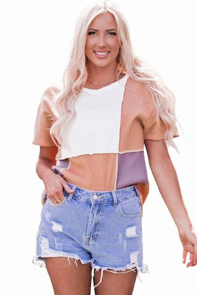 

orange colorblock stitching short sleeve rib knit j3gs#, White