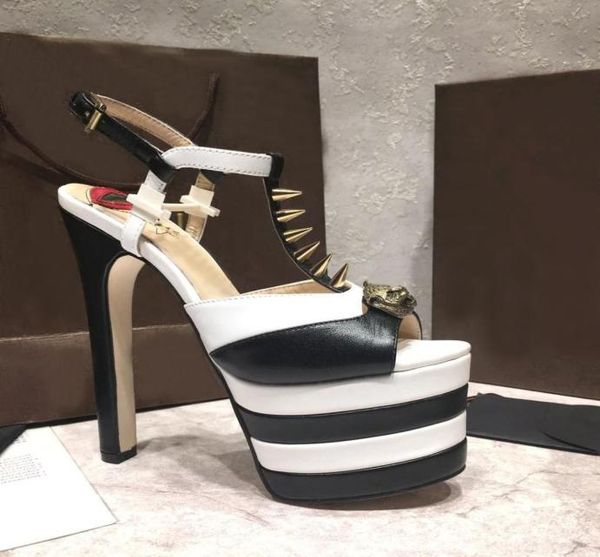 

2018 16 cm high heel gladiator sandals women spiked rivets skull studded peep toe platform summer brand t show shoes for women sal1546261, Black