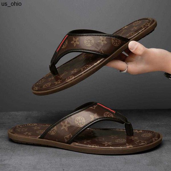 

slippers luxury leather pattern designer sandals slippers men's summer trend fashion flip flops outer wear beach shoes home bathroom no, Black