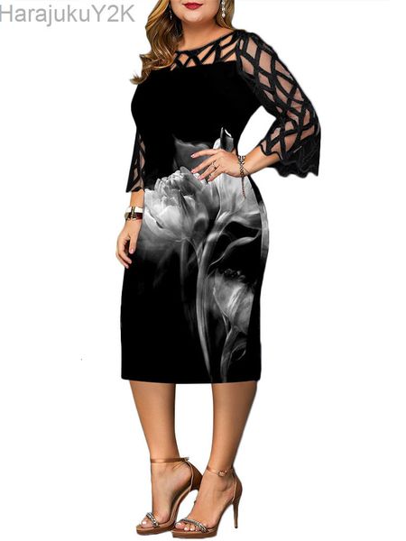 

plus size dresses size dress 4xl 5xl 6xl black lace mesh patchwork flower print midi summer elegant slim party women clothing 230518