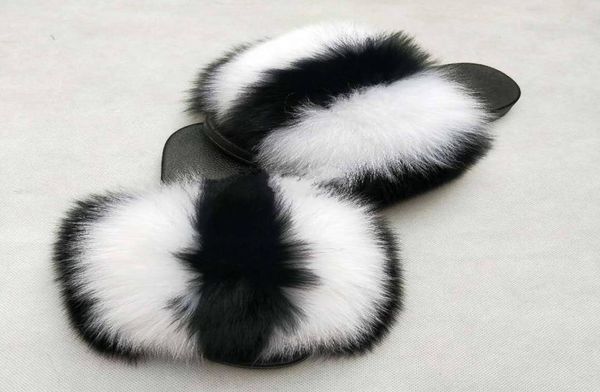 

summer fur slides cute plush fox slippers 100 real fox hair luxury fashion beach slippers size 36451928472, Black